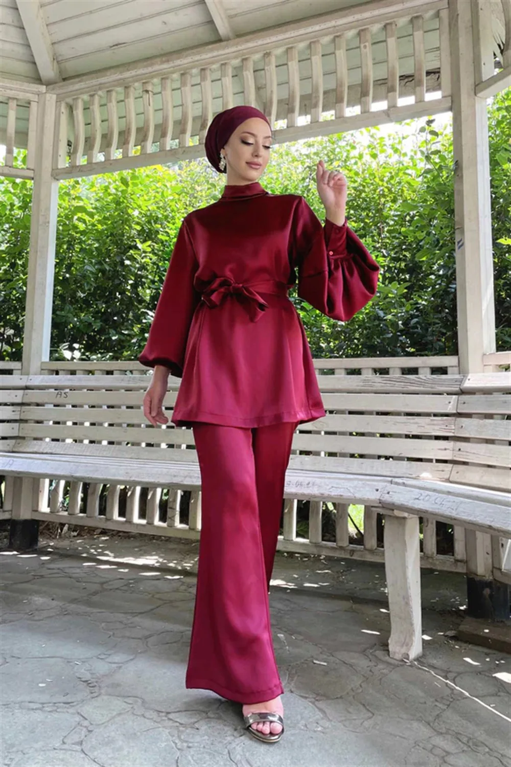 Satin Turkey Two Piece Sets Trousers and Tunic Top Solid Color Elegant Pants and Blouse Set Lady Muslim Woman Outfit Ramadan Eid