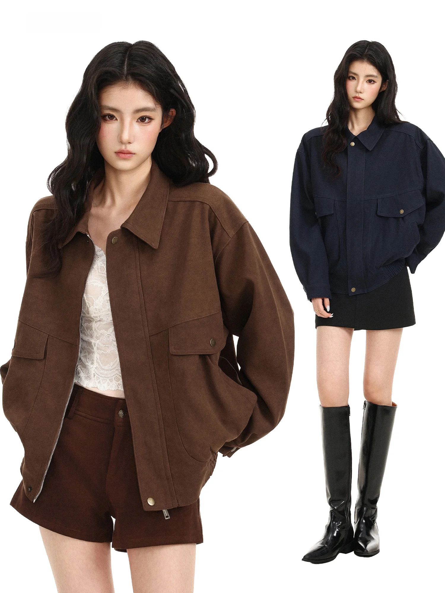 Biggold American Retro Stand Collar Workwear Short Jacket Women's Autumn Versatile Loose Fit Zipper Jacket Casual Outerwear