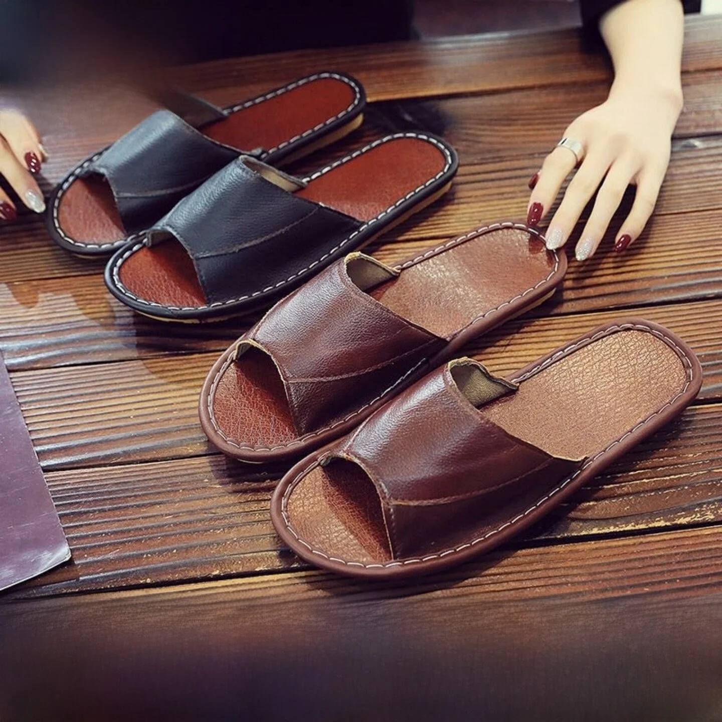 Japanese Style Genuine Top Layer Cowhide Indoor Home Men's Slippers Summer Anti-Slip Wooden Floor Family Couple Sandals