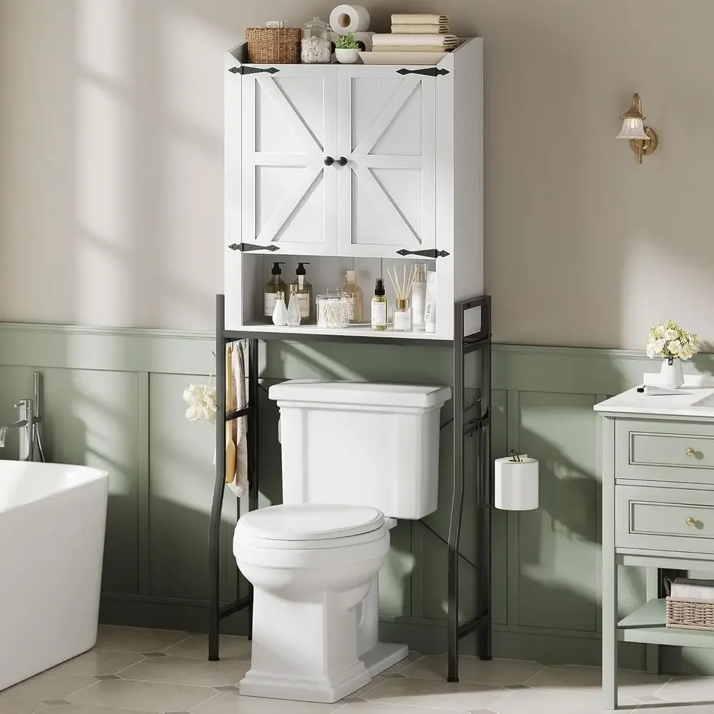 

White 2-Door Over Toilet Storage Cabinet with Metal Stand and Adjustable Shelves for Bathroom, Restroom, Laundry