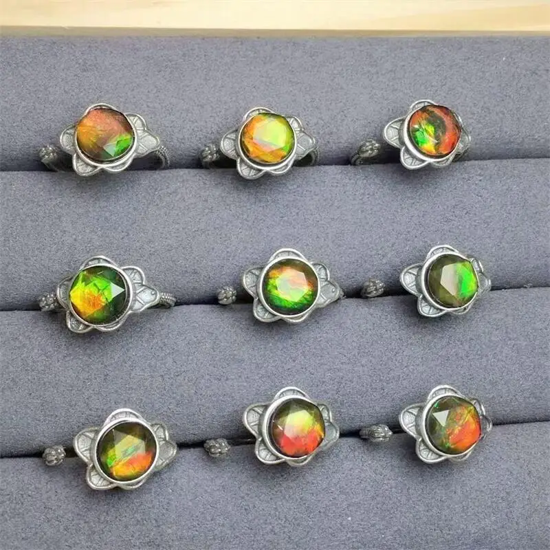 S925 Natural Ammolite Ring Crystal Polishing Aura Jewelry Trendy Creative Women Party Fashion Holiday Gift 1PCS