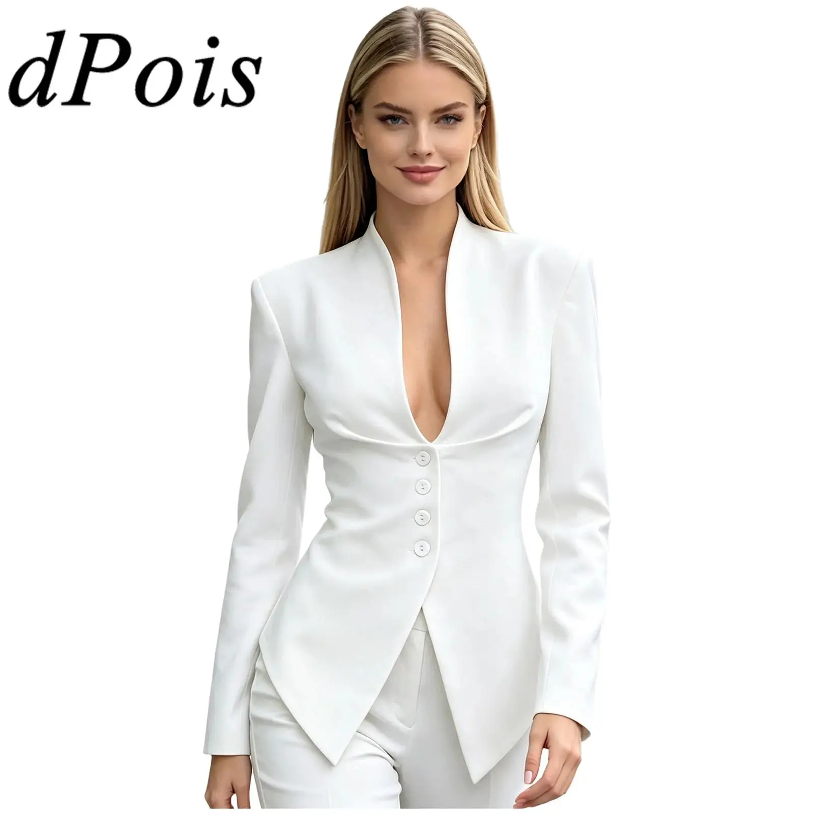 Office Lady Blazer V Neck Suits Coats Padded Shoulders Outerwear Women Solid Color Belted Waist Button-down Pointed Hem Jacket