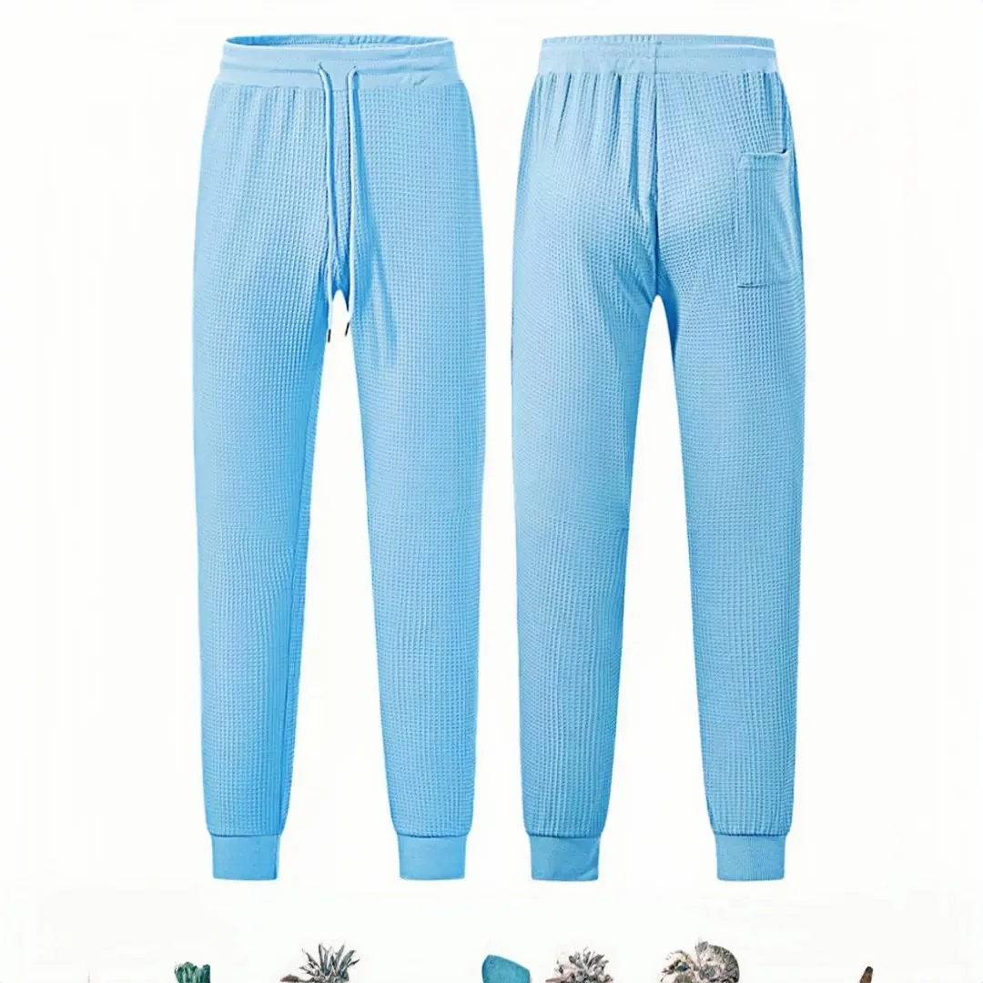 

Men's breathable pure-color casual sports spring/summer waffle fabric long pants with stretch for shopping and leisure activitie