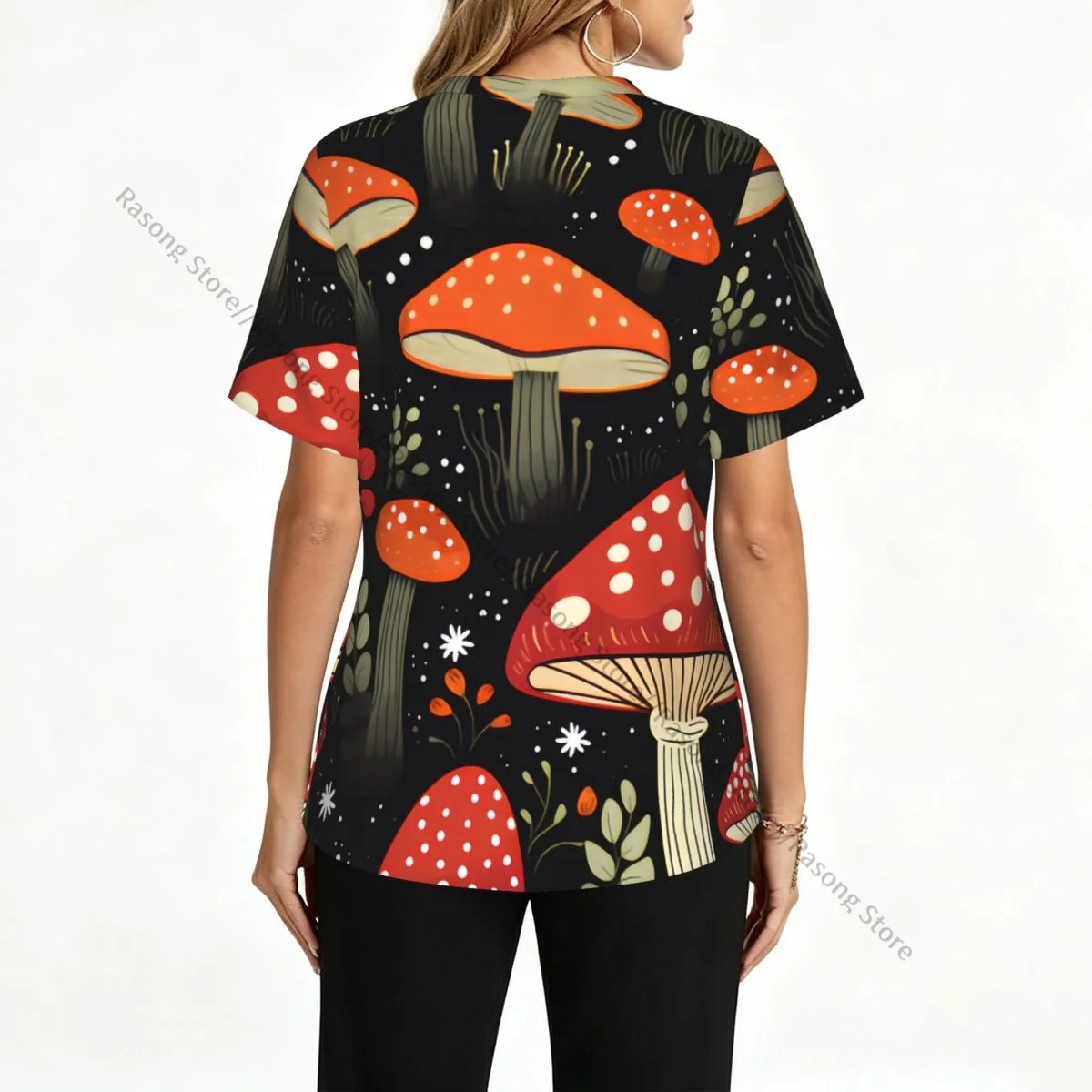 Women's Scrub Tops Short Sleeve Workwear Shirts Fitness Nursing Uniform Fly Agaric Mushrooms Pullover Doctor Nursing Shirt