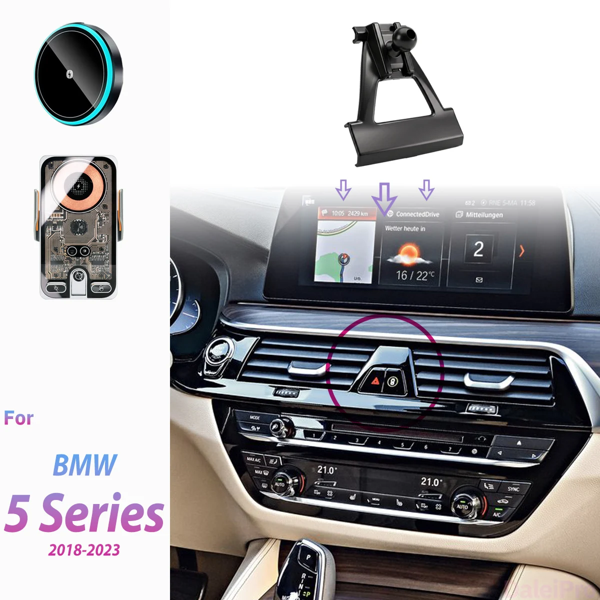 For BMW 5 Series G30 2018 2019-2023 Car Phone Holder Wireless Charger Holder Phone Auto-Clamping Strong Magnetic Holder Base