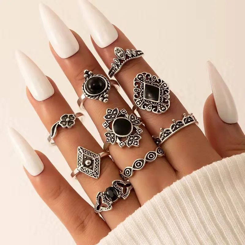 Cross-border popular jewelry, retro black drip ring set, geometric irregular ring nine-piece set