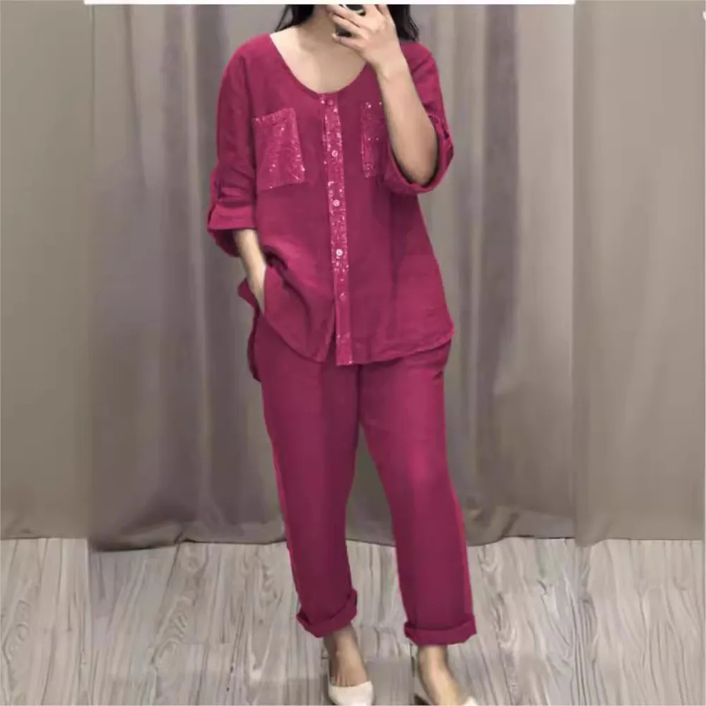 

Женская мода Цветная повседневная рубашка с карманами Костюм Весна Осень Семь точечных рукавов Тонкие брюки Сплошной цвет Женский офисный комплект из 2 предметов