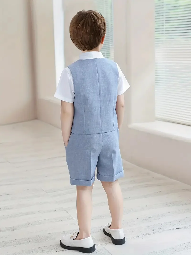 Elegant Blue 3Piece Boys' Formal Suit With Waistcoat Shorts Bowtie Perfect for Weddings Birthday Photography Piano Performances