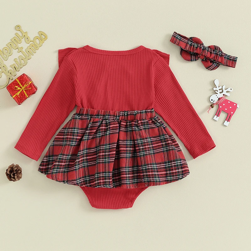 VISgogo Baby Girls Christmas Romper Dress Long Sleeve Elk Embroidered Plaid Patchwork Romper with Headband Newborn Xmas Outfit