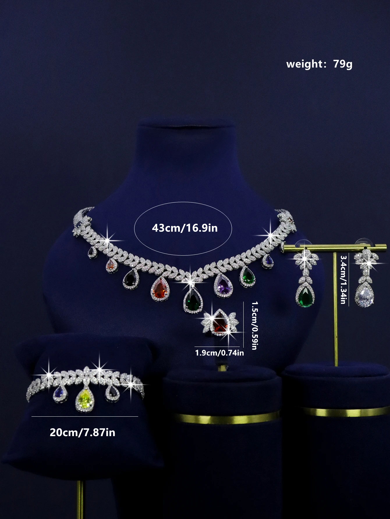 5 pieces of platinum plated colorful water droplet bridal wedding season jewelry set suitable for women's daily wedding wear,