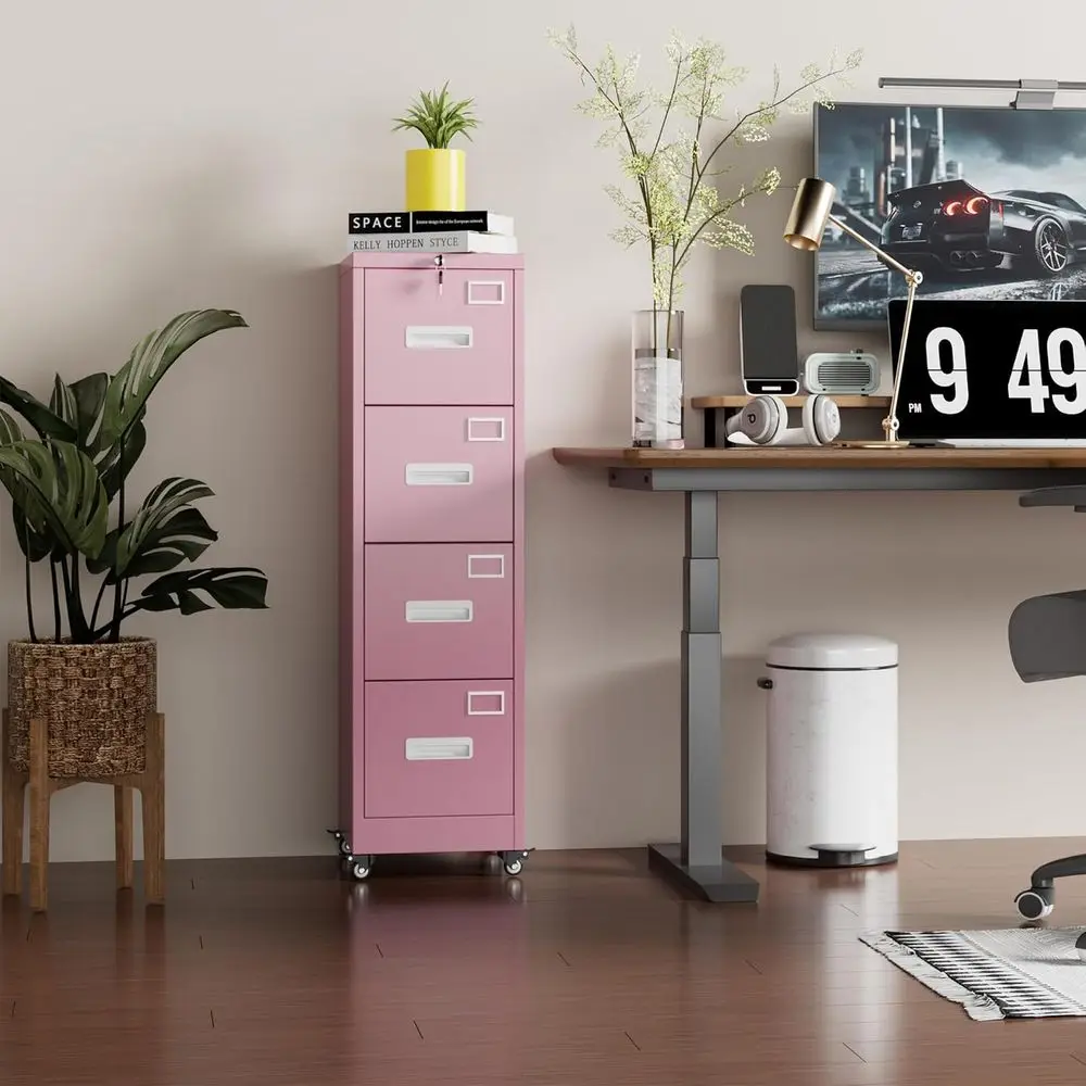 4 Drawer Metal Filing Cabinet with Lock, Wheels, Anti-Interlock System, Locking Office Storage for Letter/Legal Files, Pink, Req