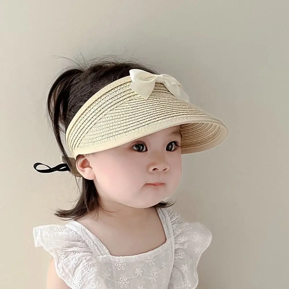 Trendy Korean Baby Straw Caps Anti-UV Empty Top Bow Straw Hat Sun Protection Wide Brim Visor Cap Outdoor