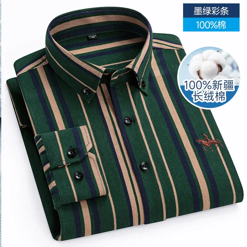 6XL new men\'s long-sleeved shirt Spring summer 100% cotton high quality fashion plaid stripes free iron plus size breathable