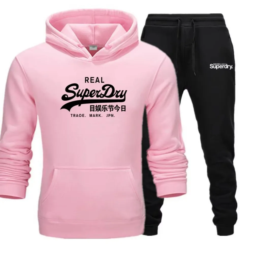 UK Superdry Brand New Autumn/winter Printed Hoodie+drawstring Pants Set Top Street Fashion Men\'s Fleece Pocket Casual Sports Set