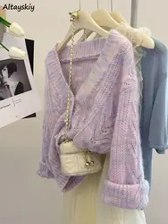 Cardigan lavorato a maglia viola per donna Autunno Inverno Maglioni universitari adorabili Capispalla estetica vintage allentato moda coreana tenera