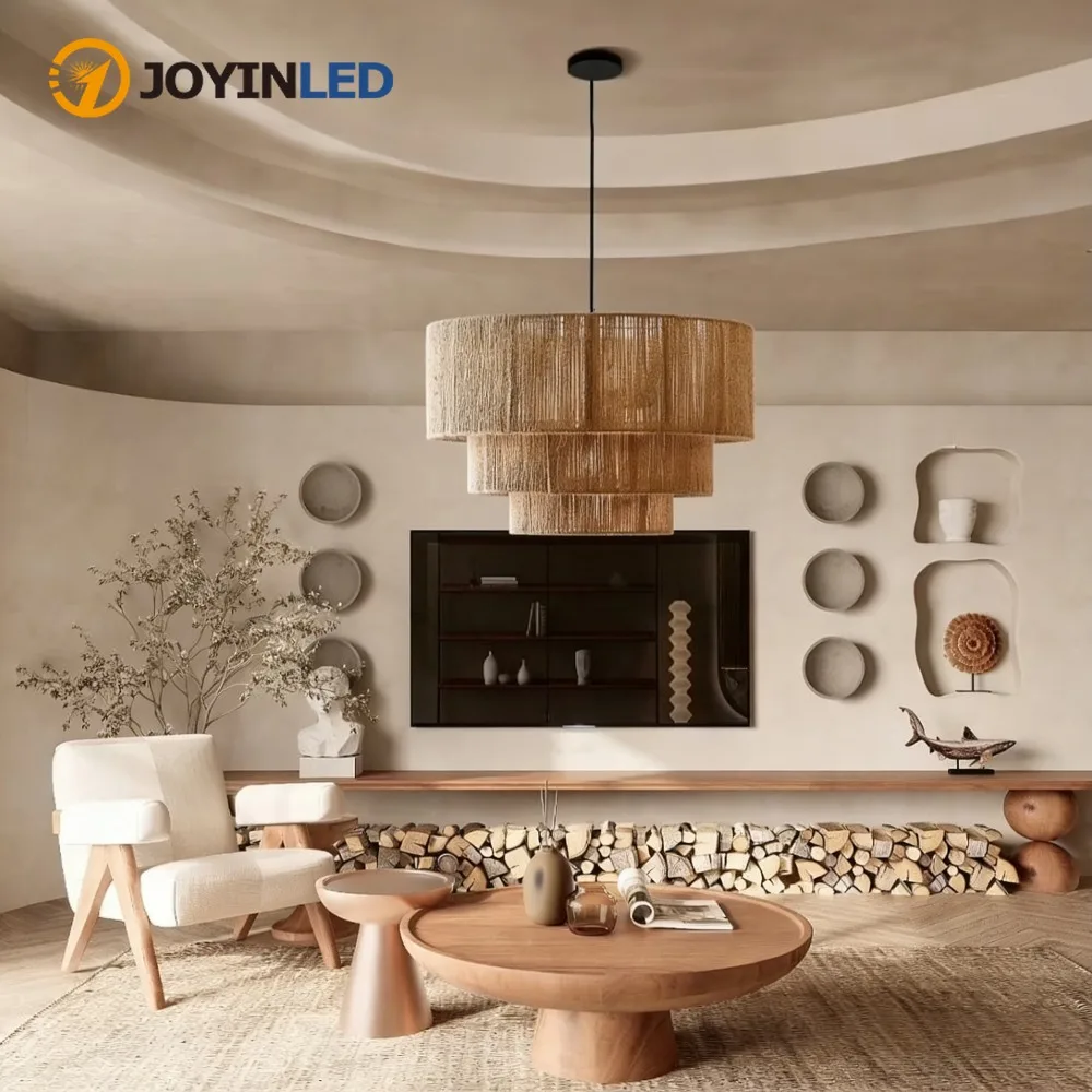 JOYINLED Retro Handgefertigter Rattan-Kronleuchter Hanfseil-Gewebte Deckenlampe für Schlafzimmer Wohnzimmer Boho-Stil Deko Pendelleuchte