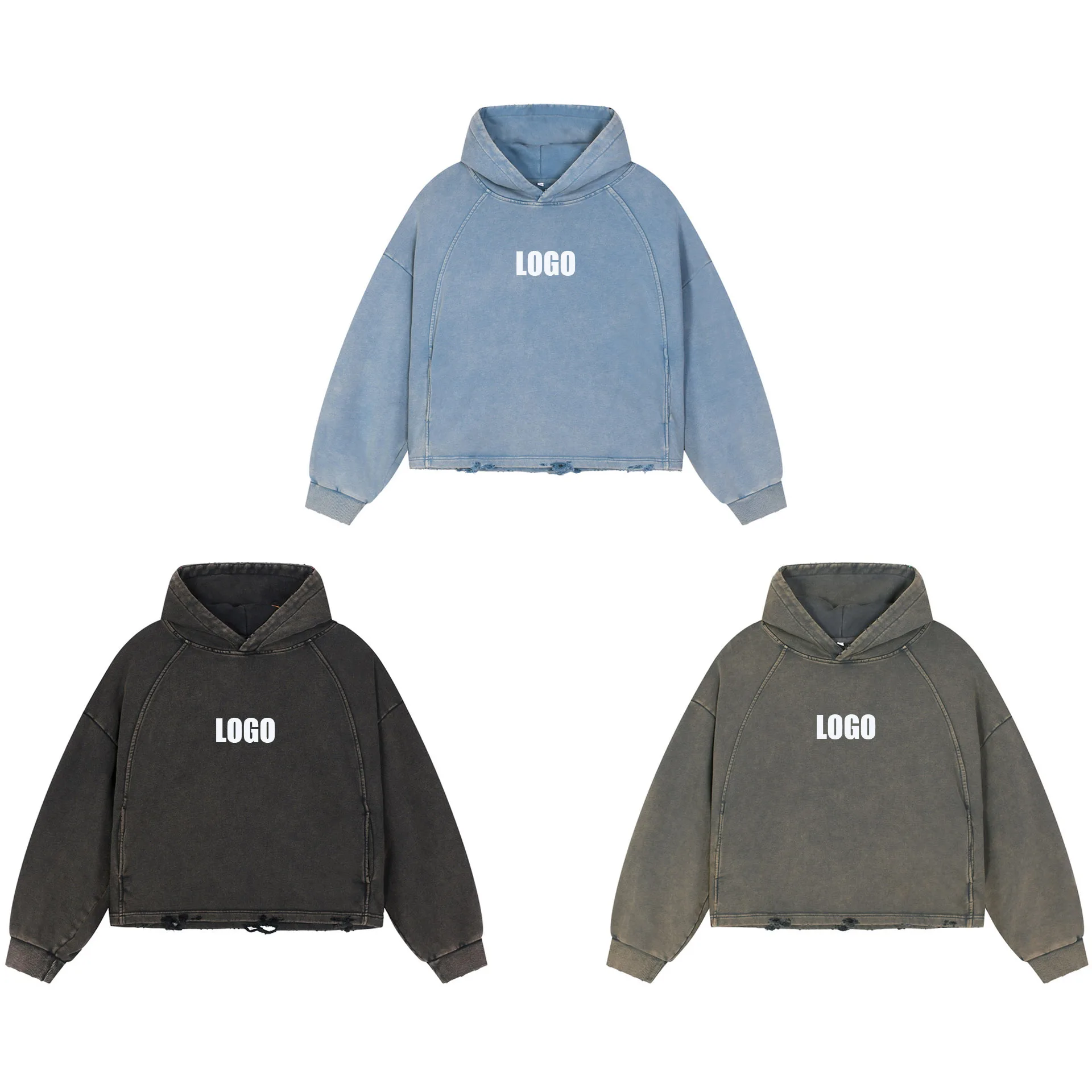 Personalized LOGO custom autumn winter new Boxy version 340g cotton polyester short wide hooded sweater hem tattered old  hoodie