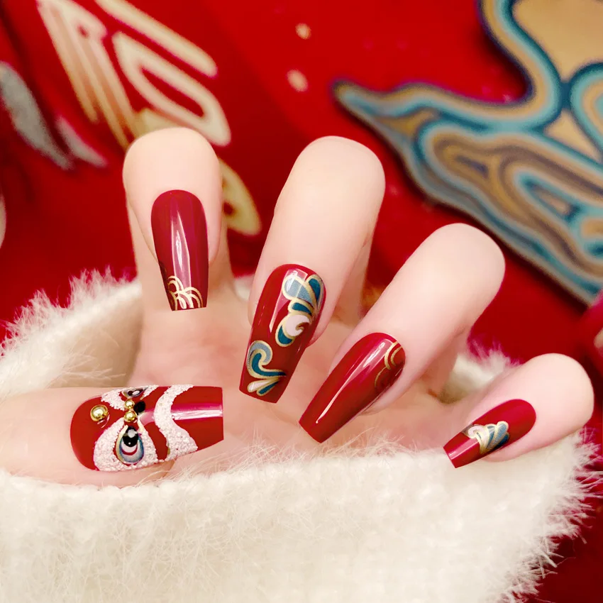 Red Fake Nails Press on Chinese Spring Festival False Nails Tips Square Long Ballerina Artificial Fingernail for Women Party Use