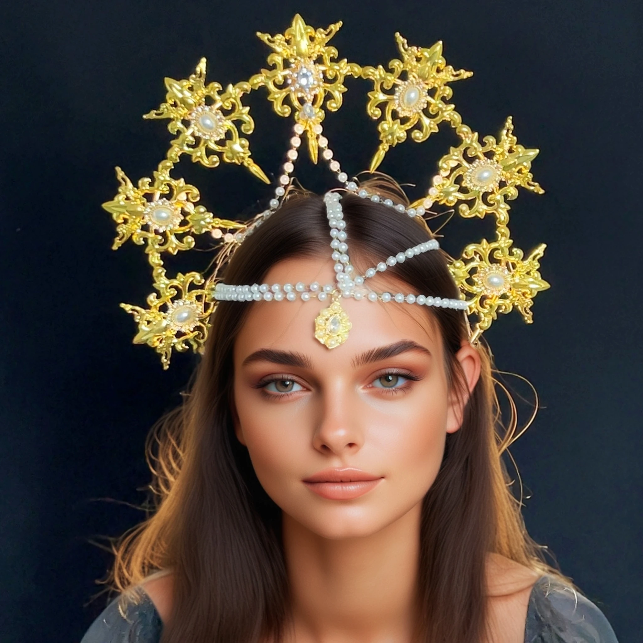 Sun Goddess Angel KC Halo Crown Headpiece Queen Anna Baroque Pearl Tiara Headband Lolita Accessories