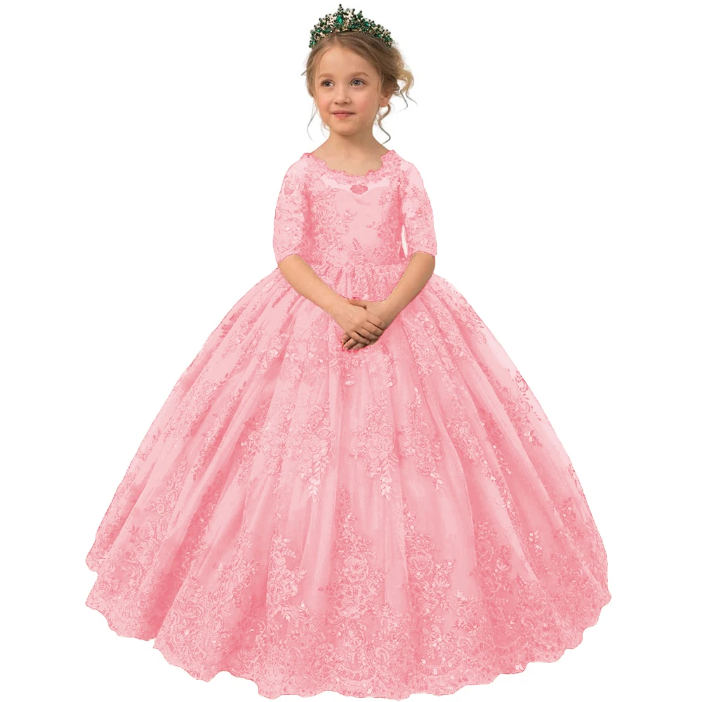 Hot Pink Princess Pageant Children's Bridesmaid Dresses Flower Girl Dress Lace Appliques First Communion for Wedding Toddler