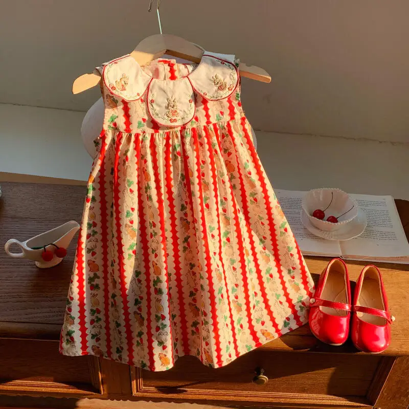 Girl Dress Summer Cartoon Embroidery Sweet Cute Princess Dress Comfortable Ventilate Pure Cotton Embroidery Flower Collar Skirt