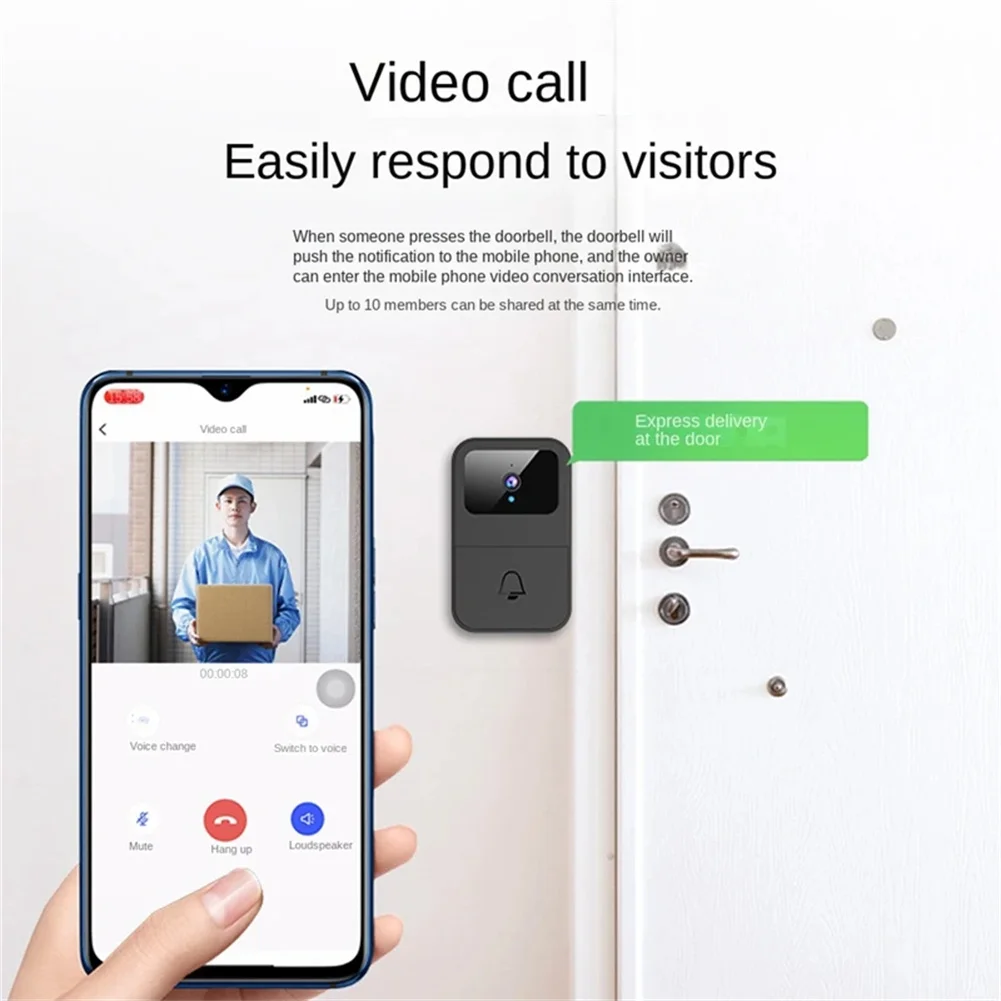 무선 스마트 초인종 카메라, 차임 배터리 구동, Wi-Fi HD 비디오, 야간 투시경, 양방향 대화, 2.4G 스마트 문짝 벨