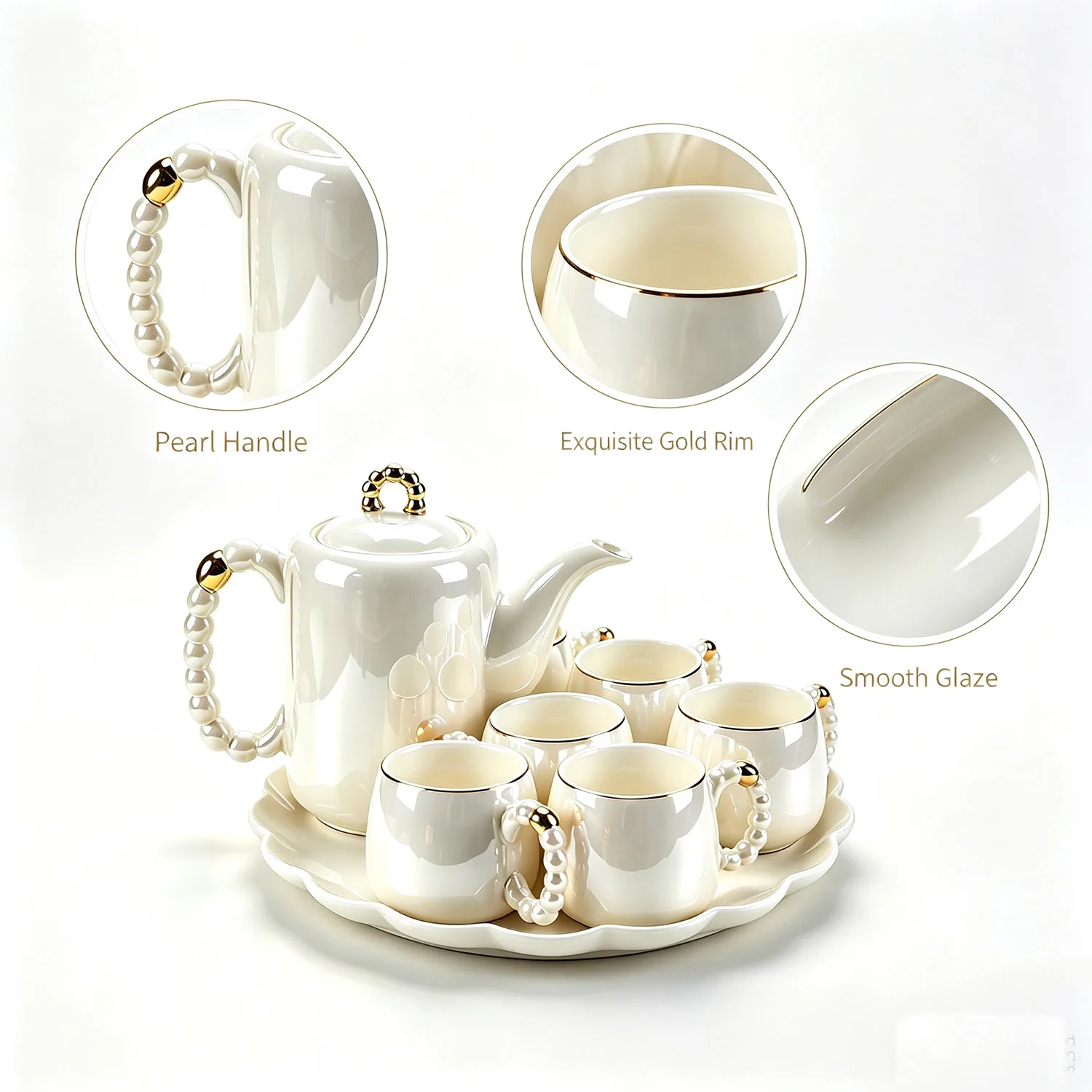 8PCS 770ml Small Pearl Handle White Ceramic Tea Set, Luxury Gold Trim Teapot & Cup Set with Rotating Lace Tray, Elegant Porcelain Tea Serving Kit for Home Decor & Gifts