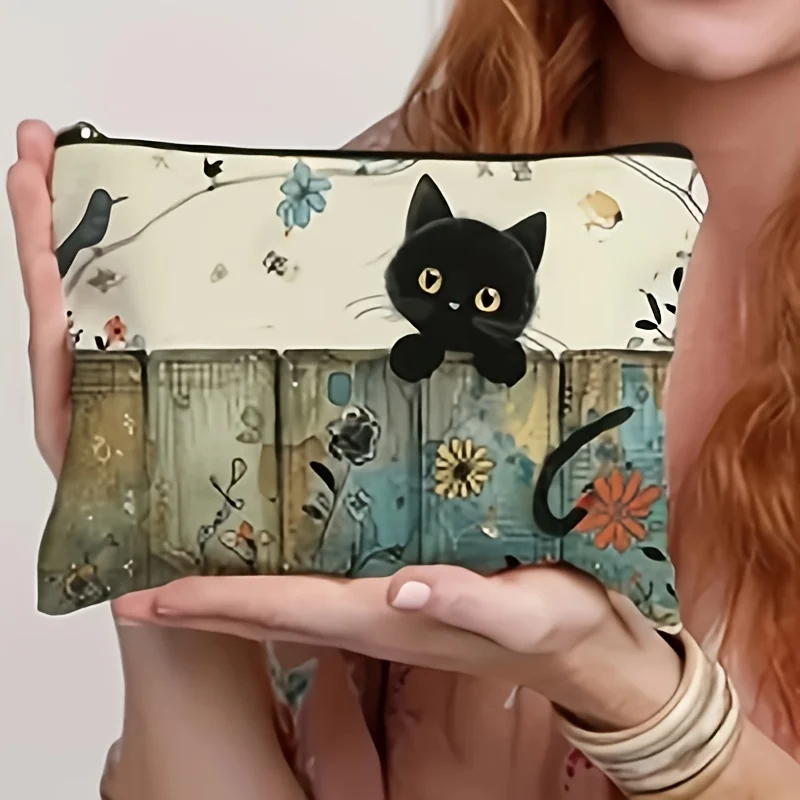 Encantadora bolsa con cremallera con diseño floral y gato negro: bolsa de cosméticos duradera, resistente a la decoloración y liviana con ilustración vibrante