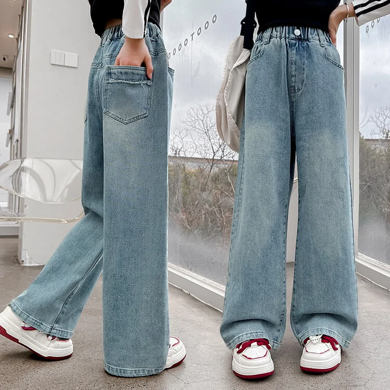 Pants Ashionable Casual Wide-leg Trousers Clothes Spring Teen Girls Heart Design Ripped Jeans Cool Streetwear Kids Blue Denim