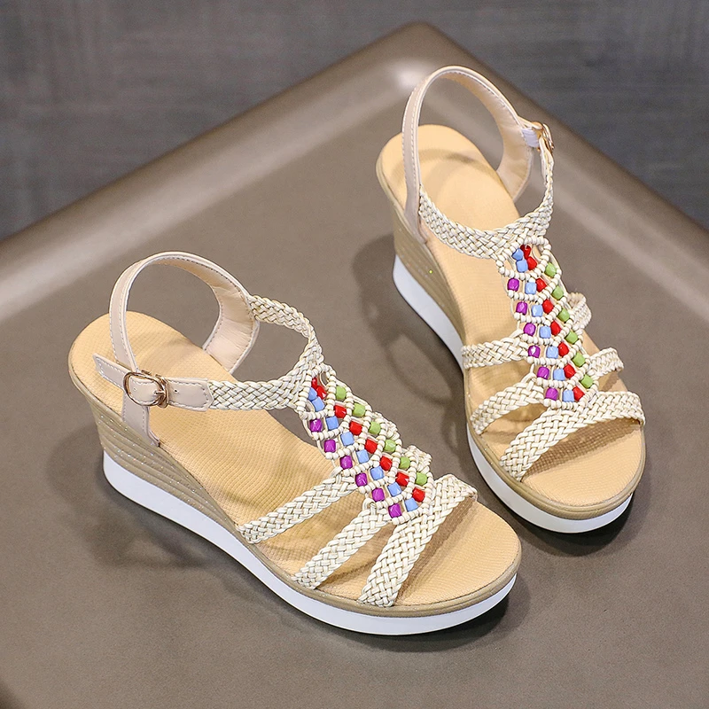 

Women Wedge Sandals Summer Bohemia Rhinestones Casual Platform Sandals Female Peep Toe Outdoor Beach Shoes Обувь Женская Летняя