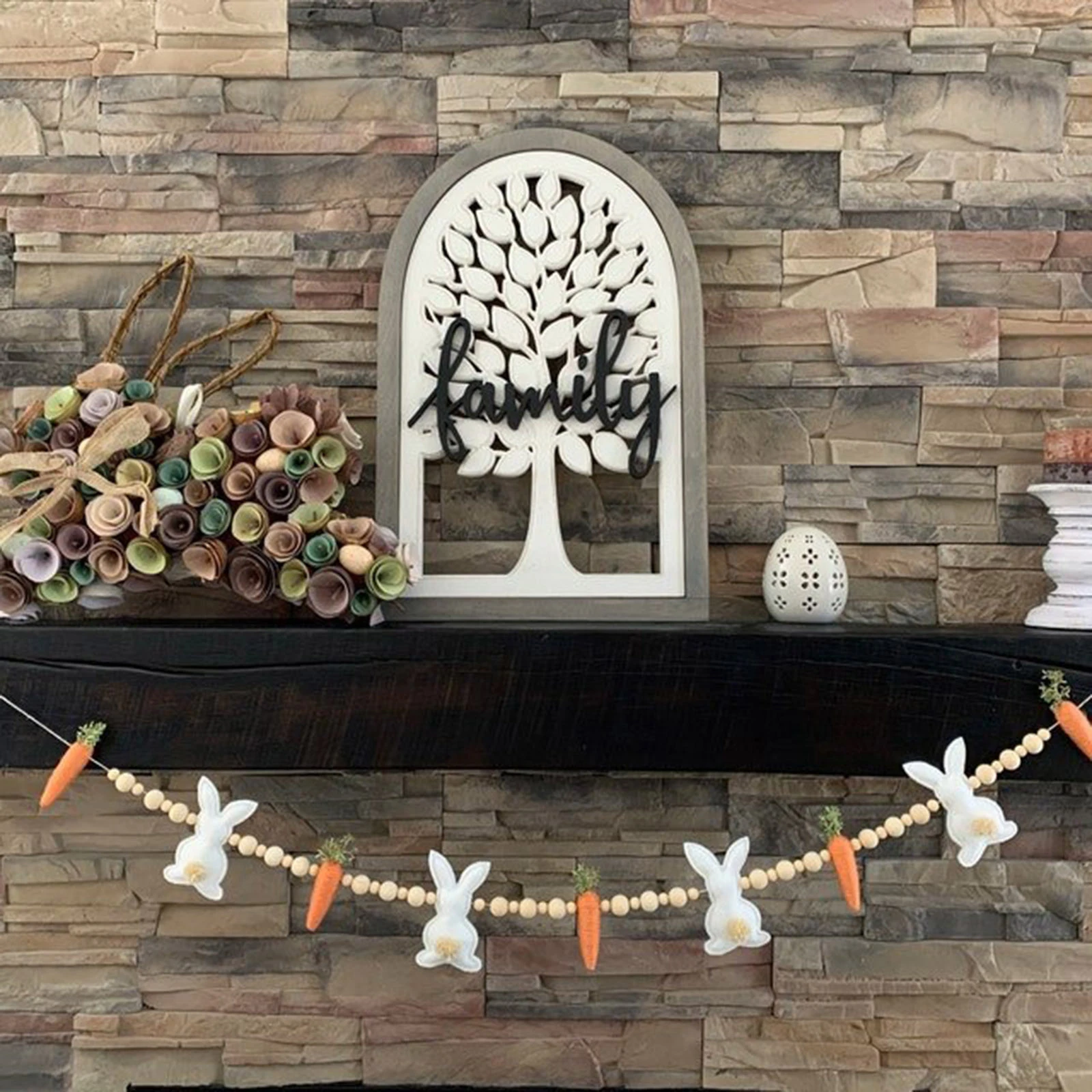 Boho Easter Rabbit Carrot Garlands with Wooden Beads Rabbit Hanging Party Banner Spring Ornaments for Home Decor