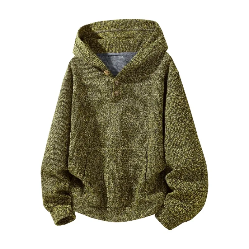 Mens Textured Button Neck Hoodie Polyester Blend Long Sleeve Kangaroo Pocket Hooded Sweatshirt Loose Casual Pullover S to 3XL