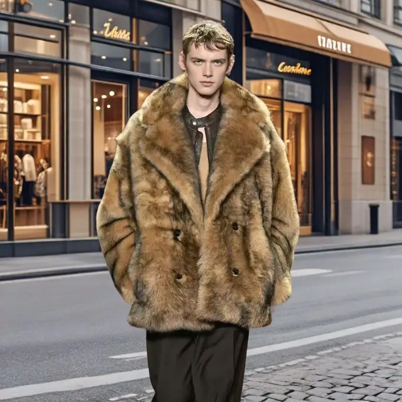 Men Faux Fur Coats Full Sleeve Coat Thick Warm Turn Down Collar Streetwear Work Overcoat Open Stitch Outerwear Autumn Winter