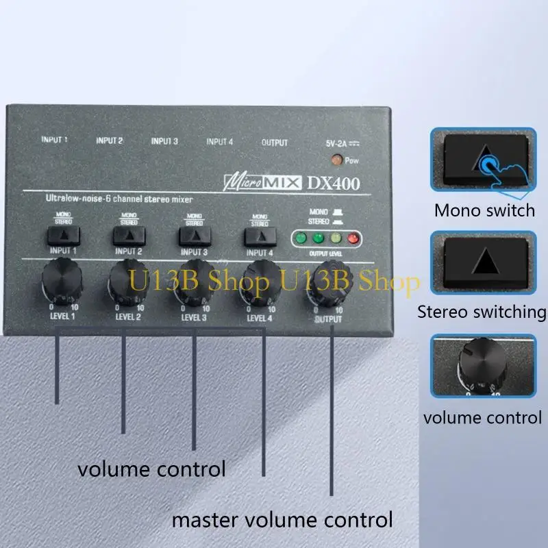 U13B LowNoise 4Channel Line Mixer DX400 Stereo Mixer DJ Mixer Small Mixer