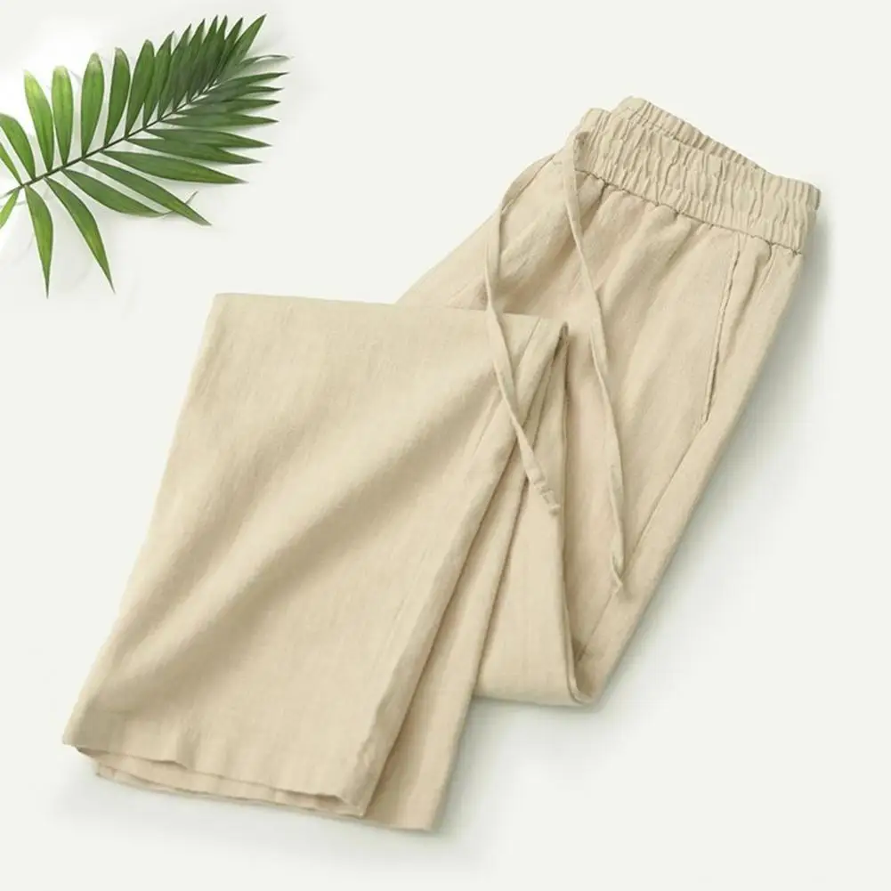 Повседневные хлопковые и льняные прямые повседневные брюки, мужские рабочие широкие длинные брюки-карго, свободные спортивные штаны на шнурке, мужские