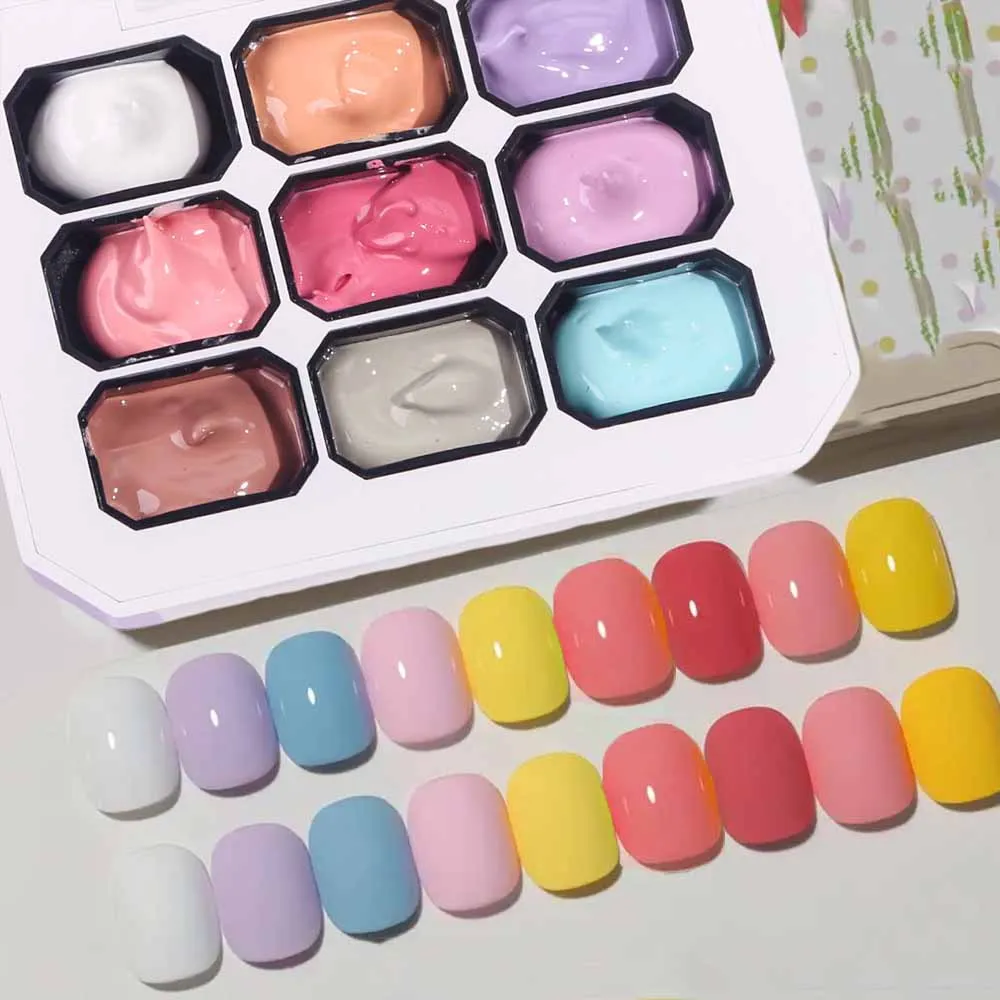 

9Colors Macaroon Solid Gel Nail Polish Palette Long Lasting High Gloss Pat Pat Gradient Nail Gel Polish French Manicure Art DIY