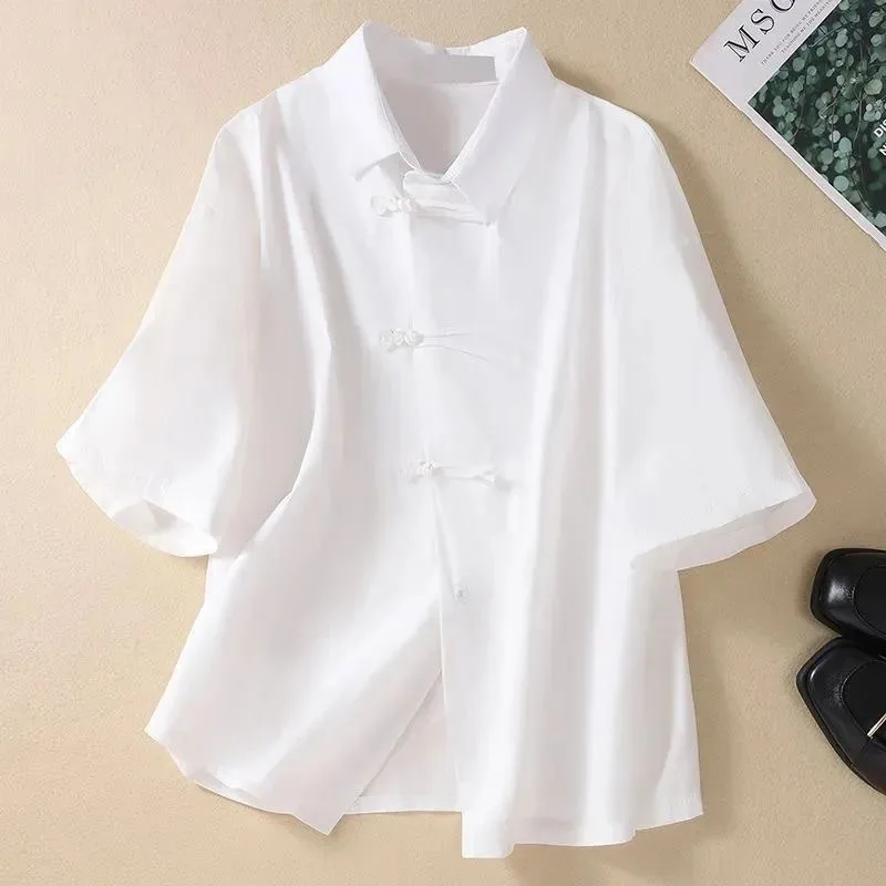 

New Chinese Style Women's Summer Shirt Retro Large Size Asymmetrical Button Short Sleeve Slimming Black Versatile Polyester B...