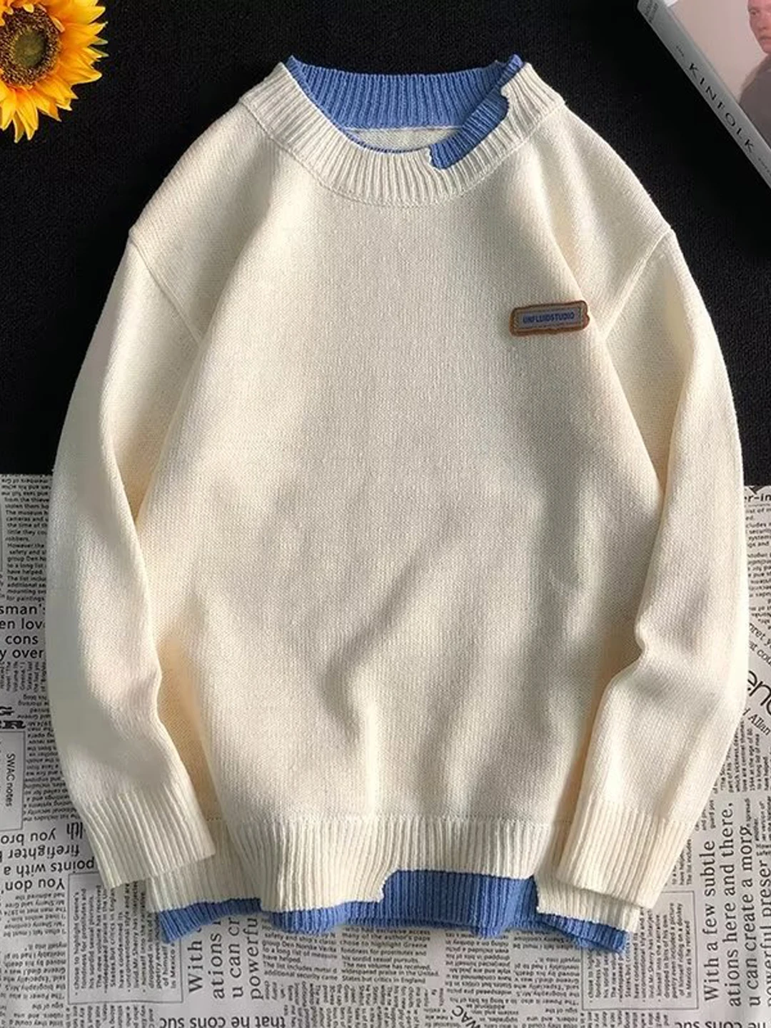 

Trendy Brand Color Knitted Sweater round Ne Faux Two-Piece Warm Base irt for Couples Autumn Winter Sle Commute