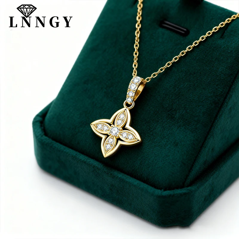 

Lnngy Luxury Shiny Four-Leaf Flower Pendant Necklace Certified Moissanite Diamond Necklace for Women 14k Gold Filled Jewelry