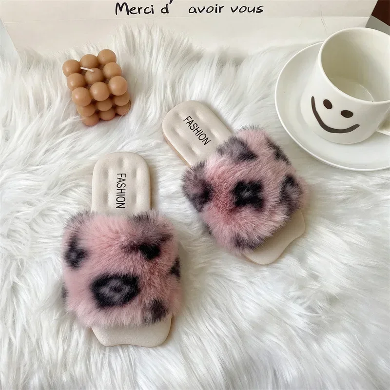 Autumn Winter Kids Fluffy Slippers Fashion Open Toe Soft Sole Girls Shoes Outdoor Princess Flat Slippers Faux Fur Kids Shoes