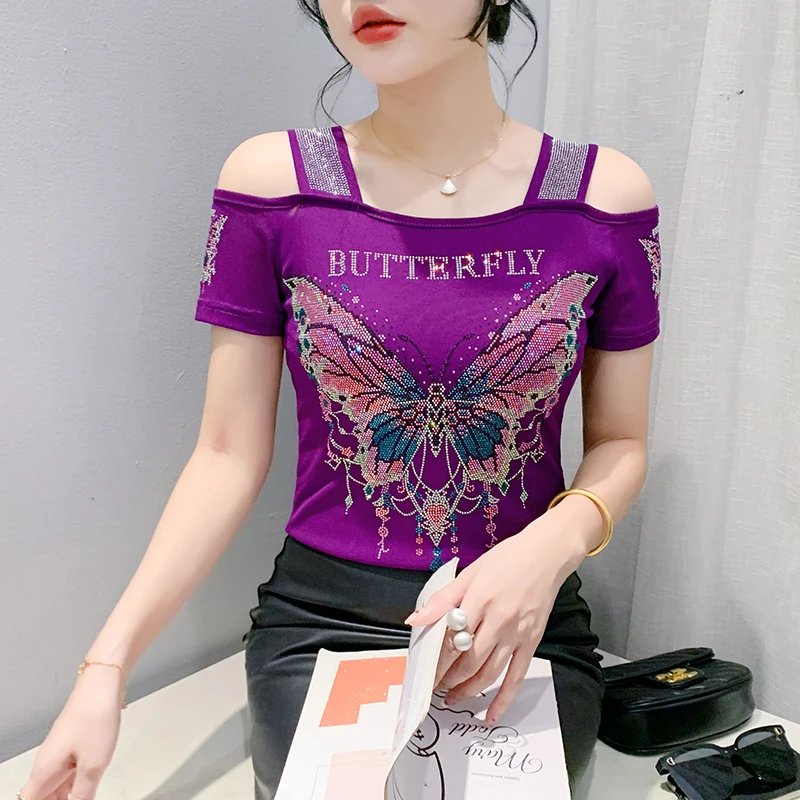 تيشيرتات شبكية ضيقة مكشوفة الكتفين لامعة للنساء ، تيشيرتات مصممة على شكل فراشة ، تيشيرتات فاخرة مثيرة ، صيف ، جديد #3