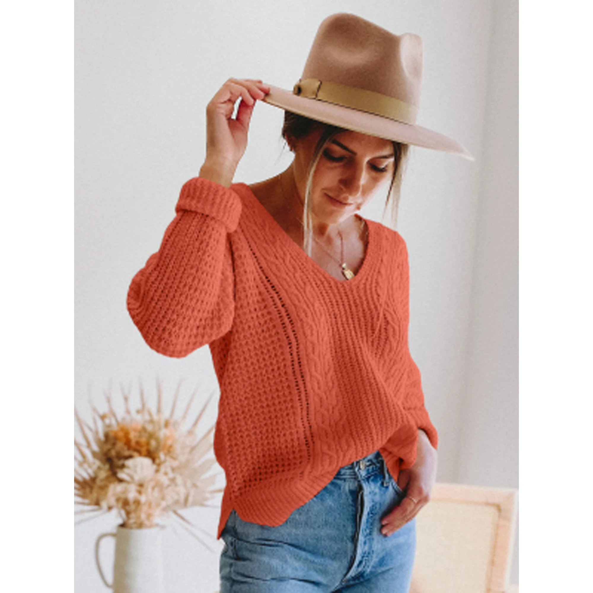 Autumn Winter V-neck Women Knitted Pullover Elegant Sweet Knitting Hollow Out Top Women Solid Casual Sweater Jumper Knitwear