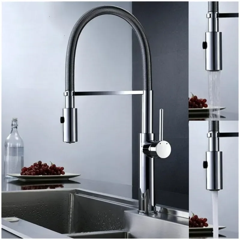 Brass Spring Pull Down Kitchen Faucet Magnetic Suction 360° Rotation Single Hole Single Handle Cold&Hot Dual Control Mixer Sink