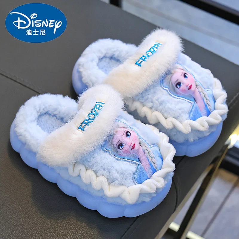 Disney-Zapatillas de algodón para niña, pantuflas de invierno para niña, princesa Elsa, Frozen, fondo grueso de terciopelo cálido, algodón para