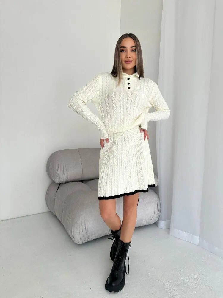 2024 New Long Sleeve Lapel Sweater And A-line Skirt Two Piece Set For Women Outfits Knit Pullovers Top Skirt Autumn Winter Sets