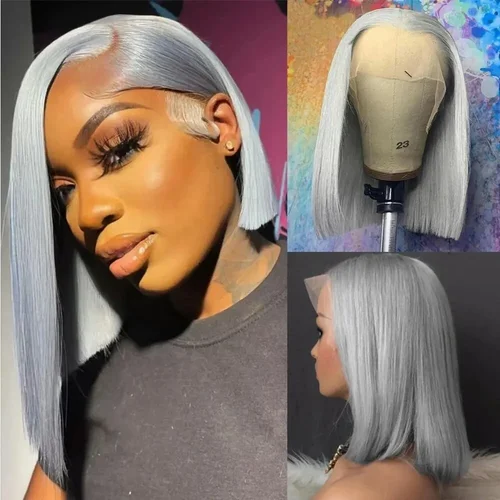 Imagen 2 del producto Pelucas de cabello humano Bob liso gris plateado, pelucas cortas Bob con encaje frontal transparente 13x4, cabello humano prearrancado para mujeres