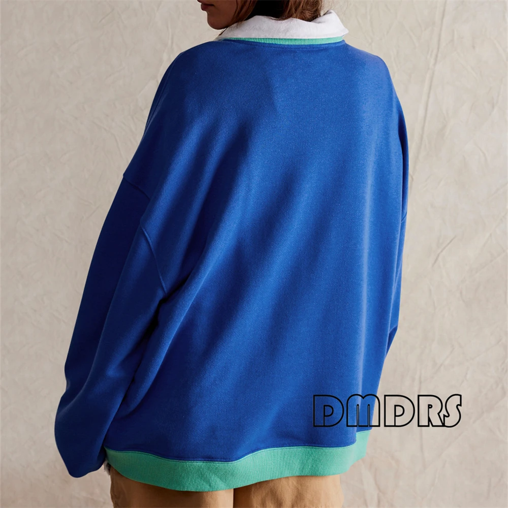 Street Long Sleeved Hoodie for Women Spring Autumn Thread Color Contrasting Sweatshirt Trendy Round Neck Pullover