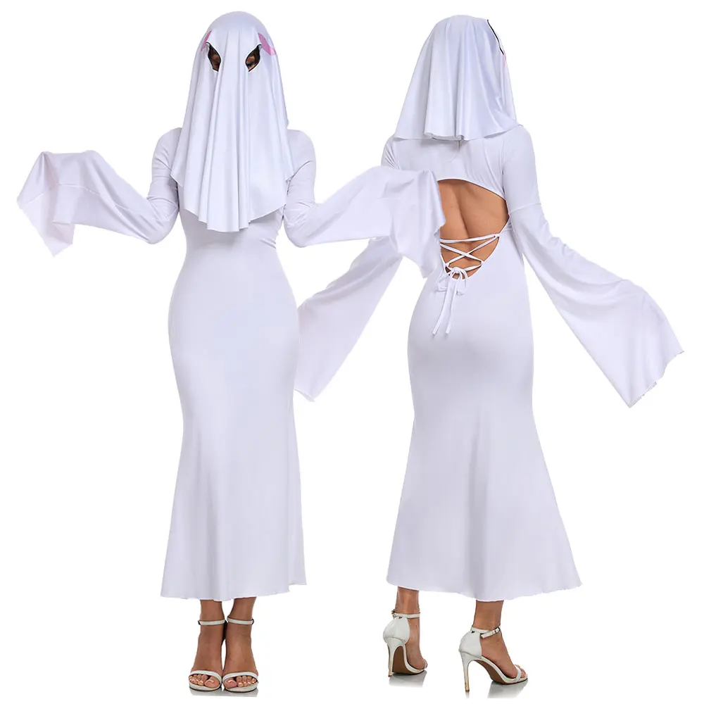 

Halloween Party Mask Tight Fishtail Dresses Anime Female Ghost Costume Female Ghost Bride Costume Sexy White Backless Dress