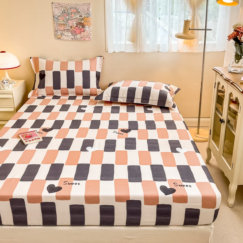 Set seprai pas geometris sederhana, 3 buah Set seprai katun seprai pas ramah kulit nyaman dicetak kamar tidur