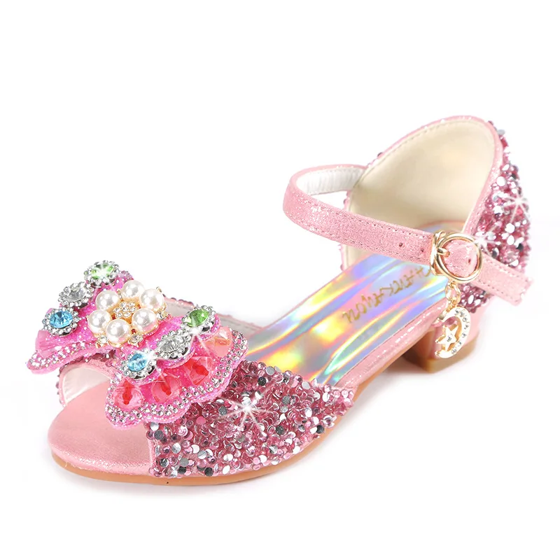 Summer Girls' Sandals Colored Diamond Princess Shoes 2024 New Children's High Heels Kids Bowknot Students Perform Dance Shoes